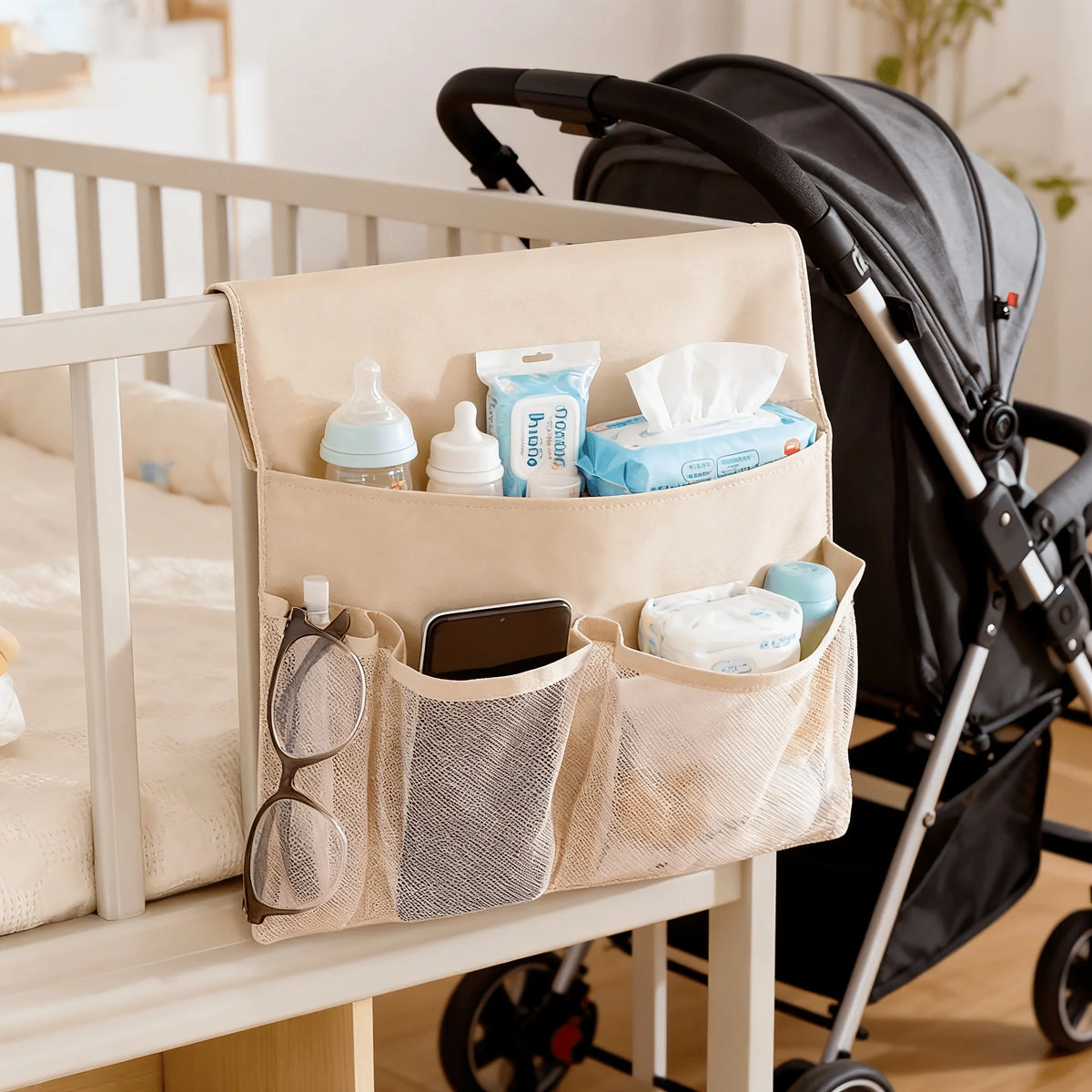 organisateur suspendu tissu texturé gris clair beige poches filet tablette rangement lit bébé