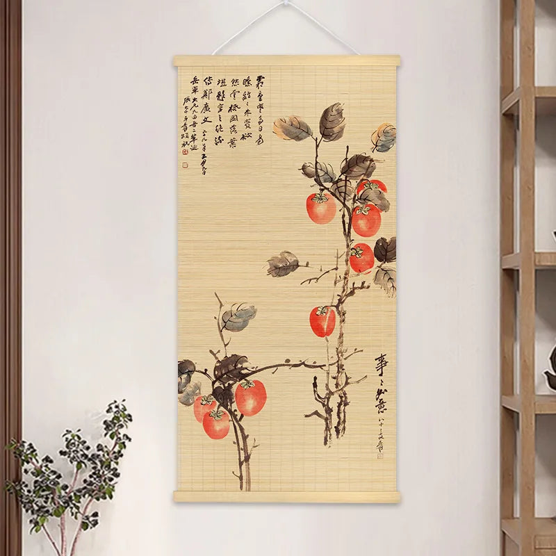 rideau bambou peinture chinoise oiseaux fleurs paysages beige clair opacité moderne art traditionnel chinois