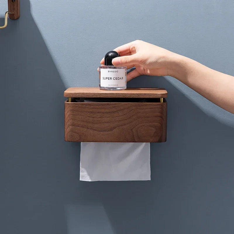 boîte papier toilette bois marron grain naturel moderne minimaliste fixation murale sans trou nécessaire