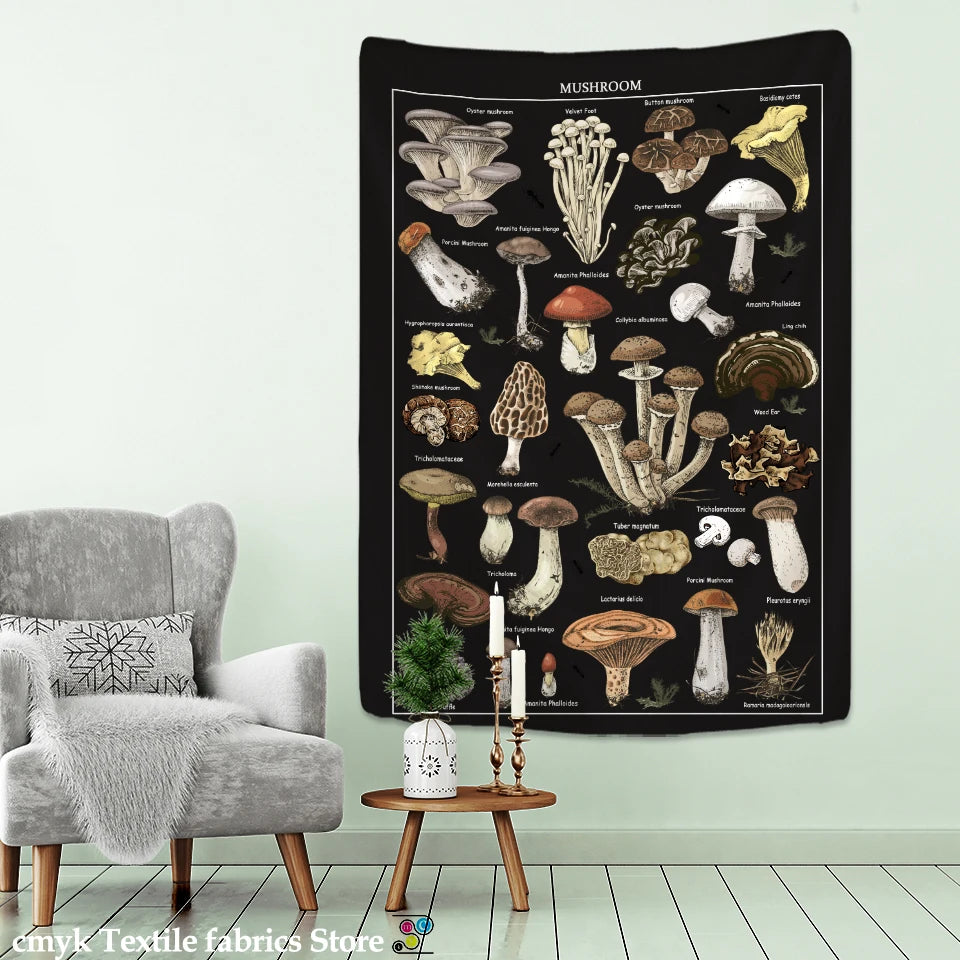 tapisserie murale tissée champignons noirs vintage décoration chambre sorcellerie bohème polyester rectangle