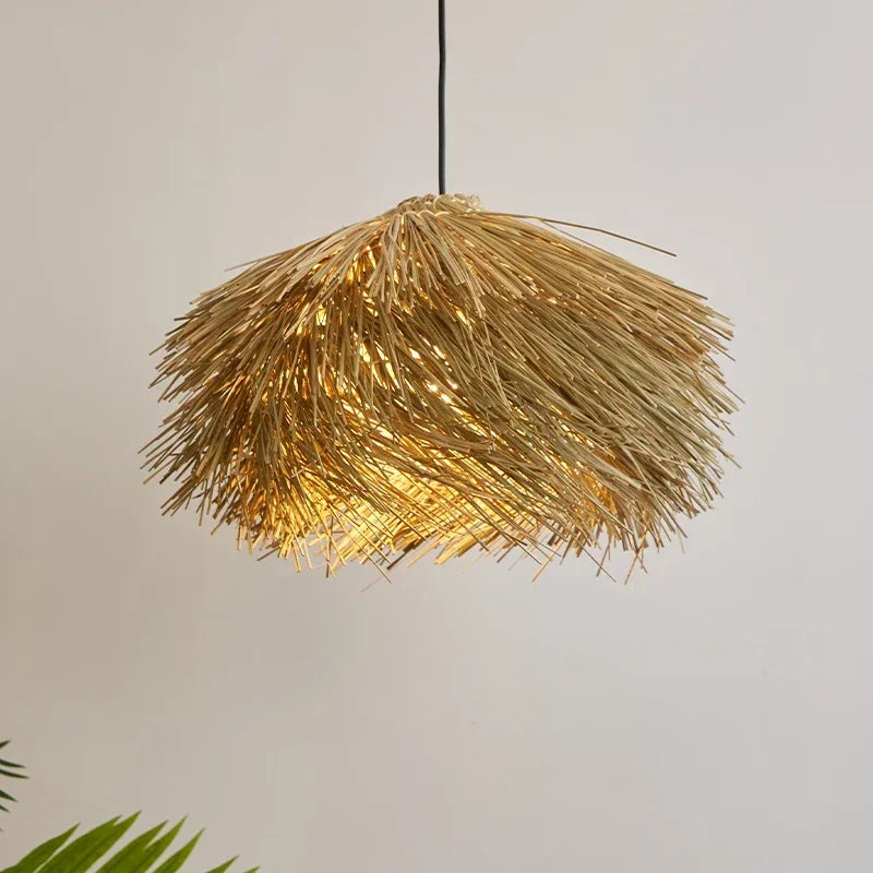 Suspension lumineuse dorée fibre naturelle moderne rustique salon lumière LED 249 2000 lumens(toucher interrupteur)
