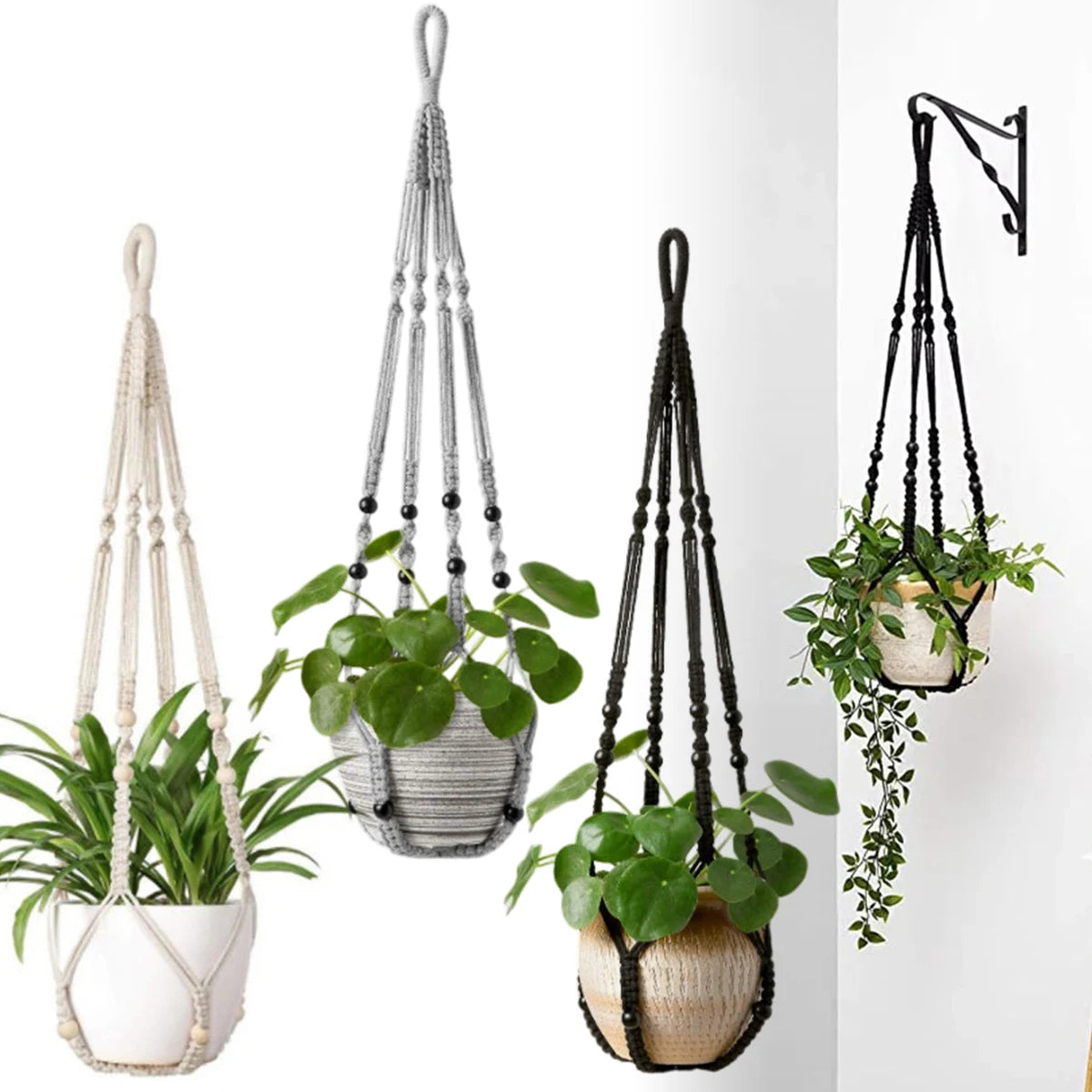 support plante suspendue macramé bois boho pot blanc noir gris anneau métallique