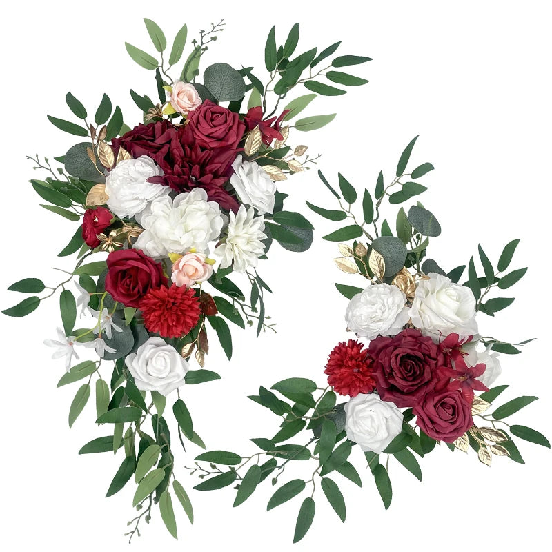 couronne florale artificielle rouge bordeaux blanc vert mariage décoration extérieure