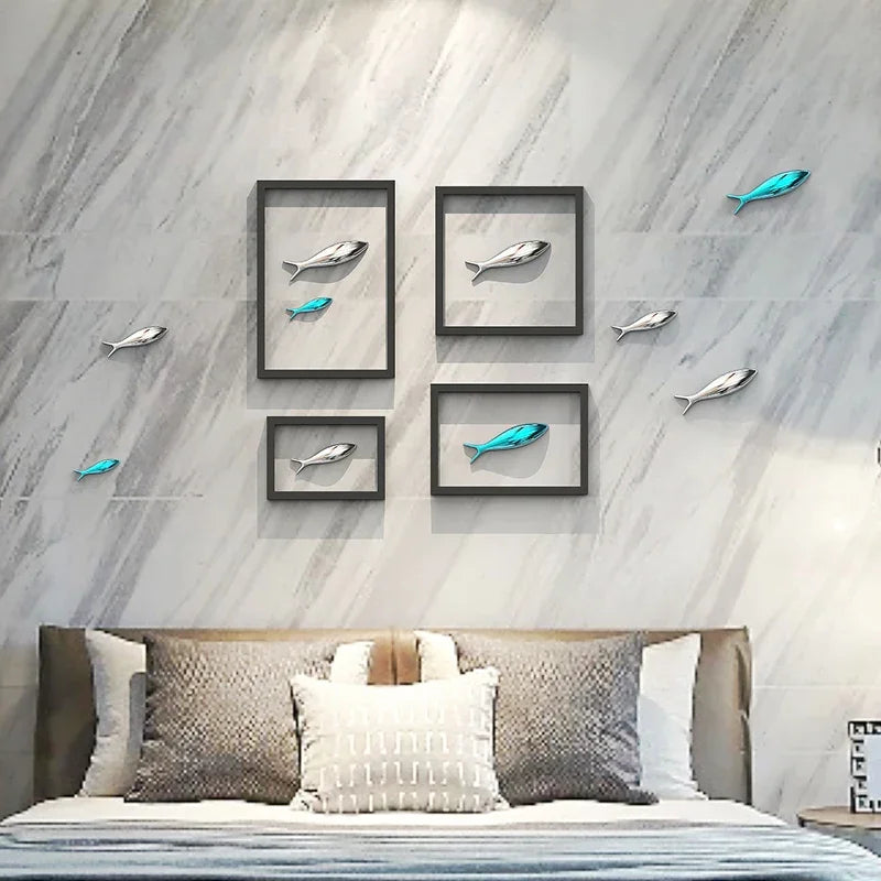 décoration murale poissons argent bleu or rétro moderne adhésif salle vintage brillant chambre