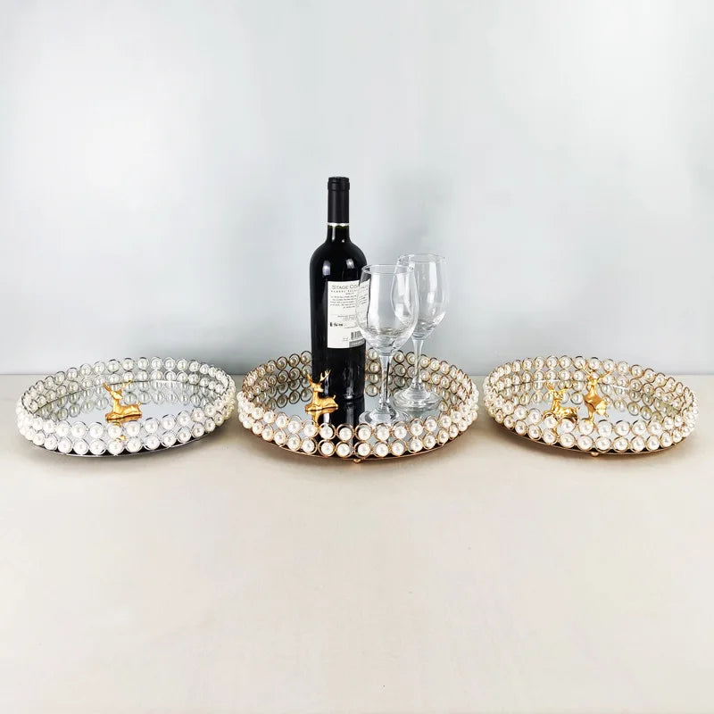 plateau decoratif blanc doré miroir classique clips assiette rond verre