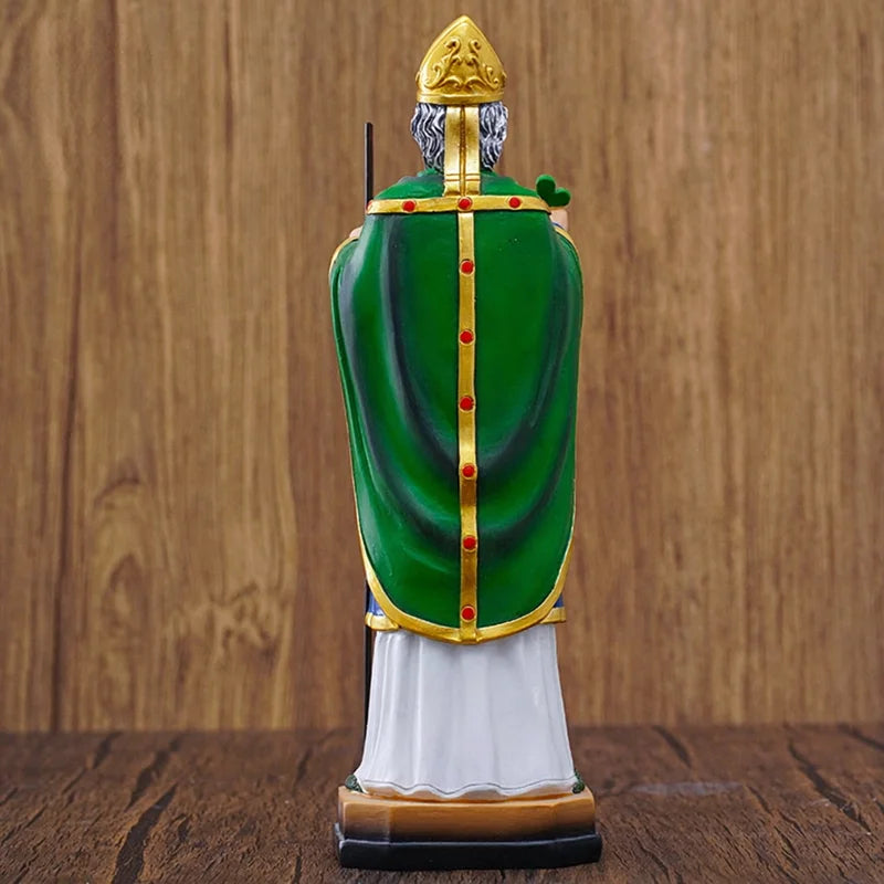 statue saint patrick résine trèfle serpent base décor religieux traditionnel trèfle or vert bleu