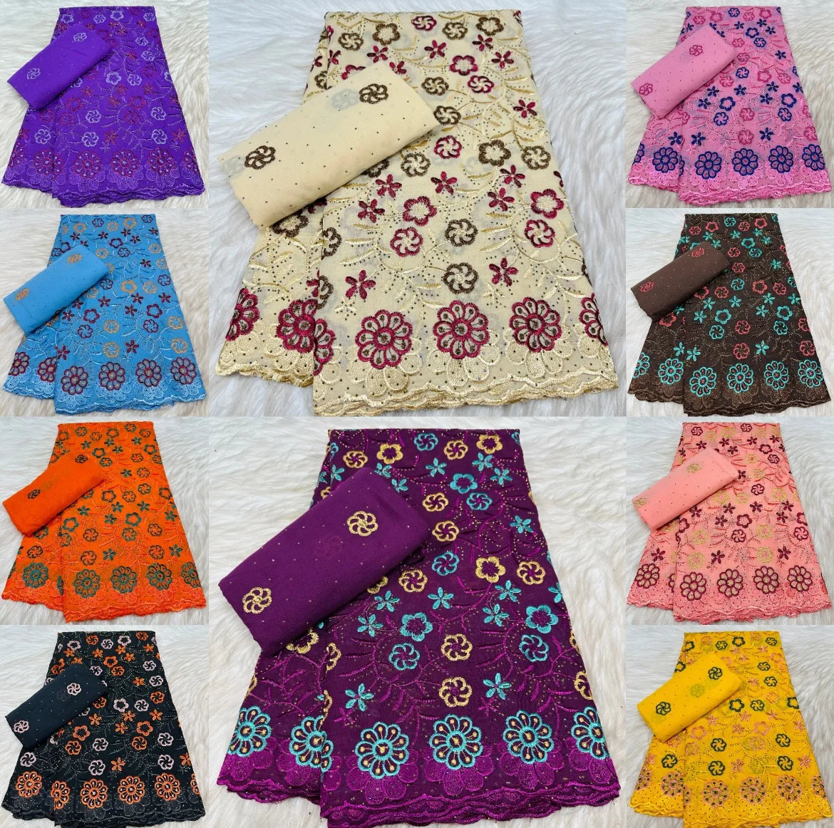 tissu dentelle coton brodé fleurs motif broderie africaine voile suisse vêtement élégant