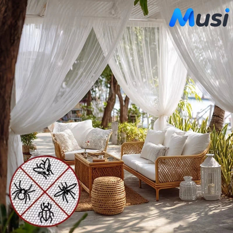 rideau moustiquaire extérieur anti insectes blanc semi transparent décoration patio bohème tringle incluse pliable