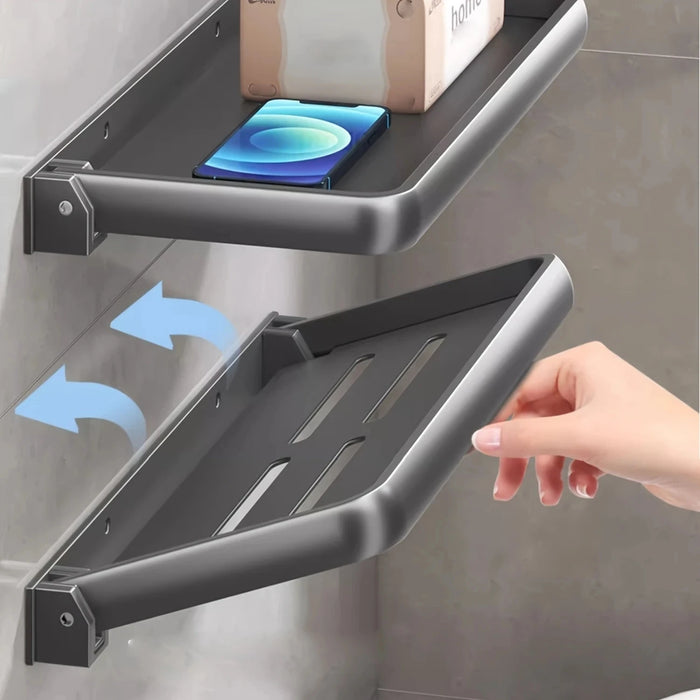 étagère murale pliante moderne gris métallisé lisse vis fixations contemporaine salle bain organisatrice
