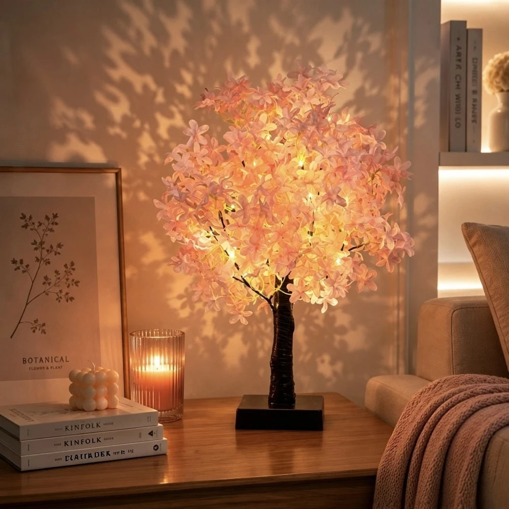 lampe arbre fleurs rose tronc noir éclairage led moderne chambre ambiance douceur 48cm base