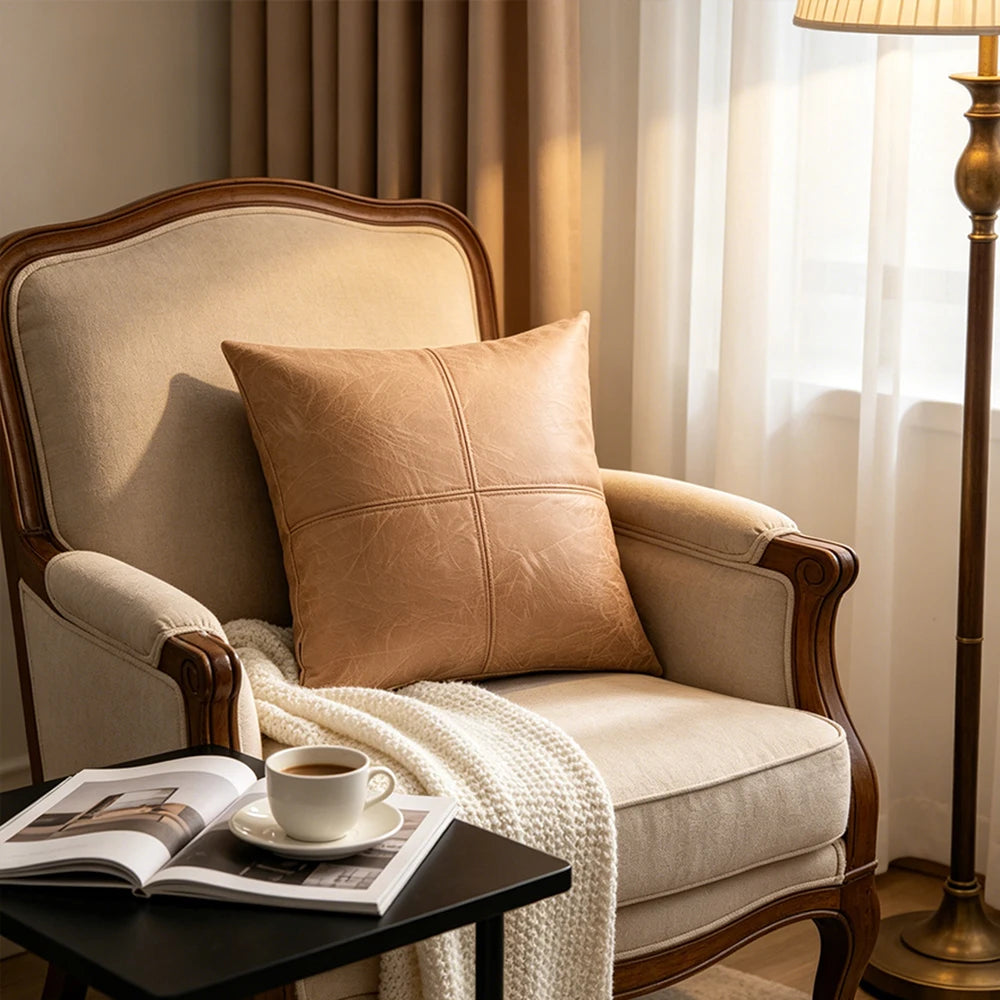 housse coussin effet cuir gris marron beige décoration intérieure moderne 45x45 cm