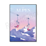 Affiche d'une scène de montagne enneigée avec des remonte-pentes suspendus sur des câbles, créant une ambiance hivernale et invitant à une aventure sur les pentes des Alpes.