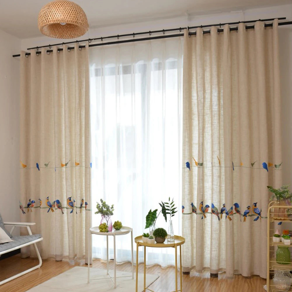 rideau tulle oiseaux brodés moderne chambre blanc beige translucent