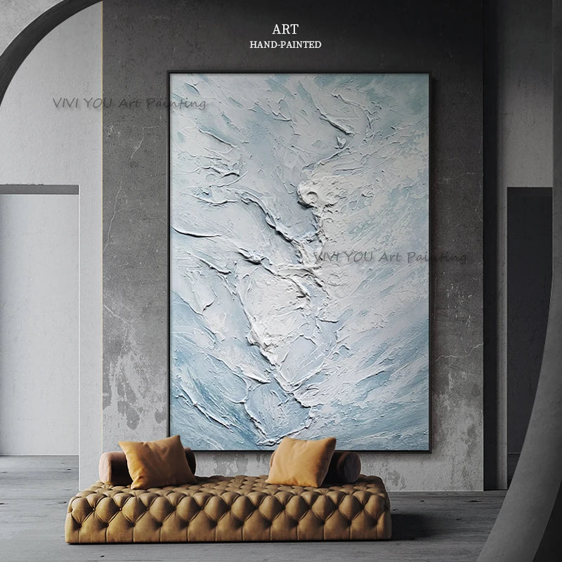 peinture l'huile abstraite vague bleu clair gris moderne texture rugueuse toile rectangle vertical sans