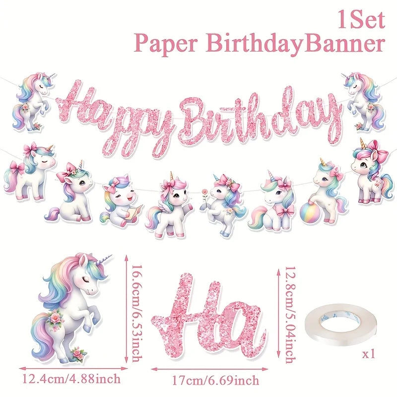 guirlande licorne happy birthday blanc rose bleu vert doré festive enfantin
