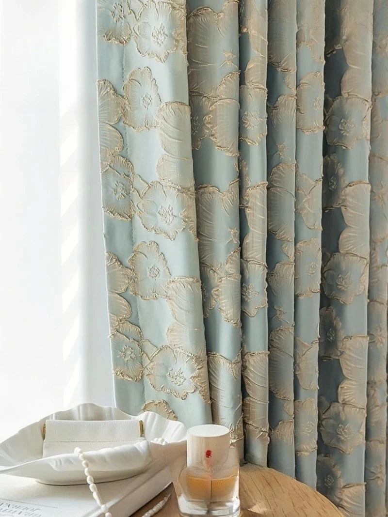 rideau classique bleu clair fleurs dorées occultant polyester chambre salon maison luxe épais épais