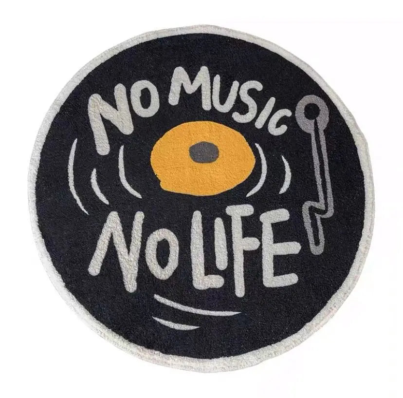 tapis rond géométrique noir lettres blanches motif disque vinyle enjoy life moderne minimaliste polyester