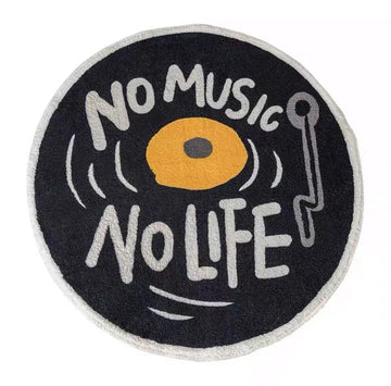 tapis rond géométrique noir lettres blanches motif disque vinyle enjoy life moderne minimaliste polyester