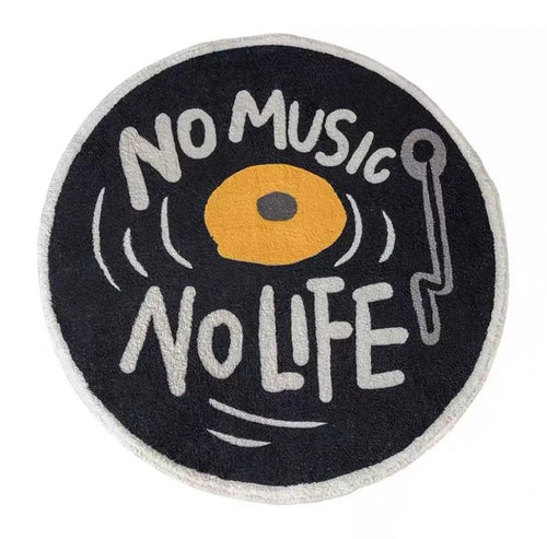 tapis rond géométrique noir lettres blanches motif disque vinyle enjoy life moderne minimaliste polyester