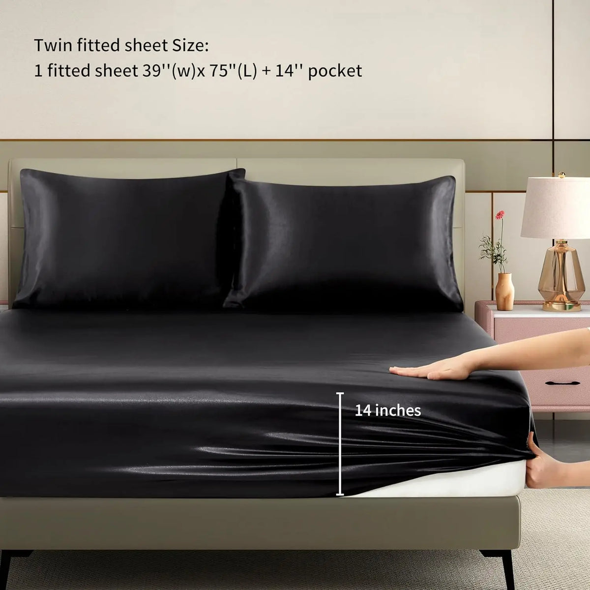 drap housse noir satiné brillant taies d'oreiller lit double moderne luxe