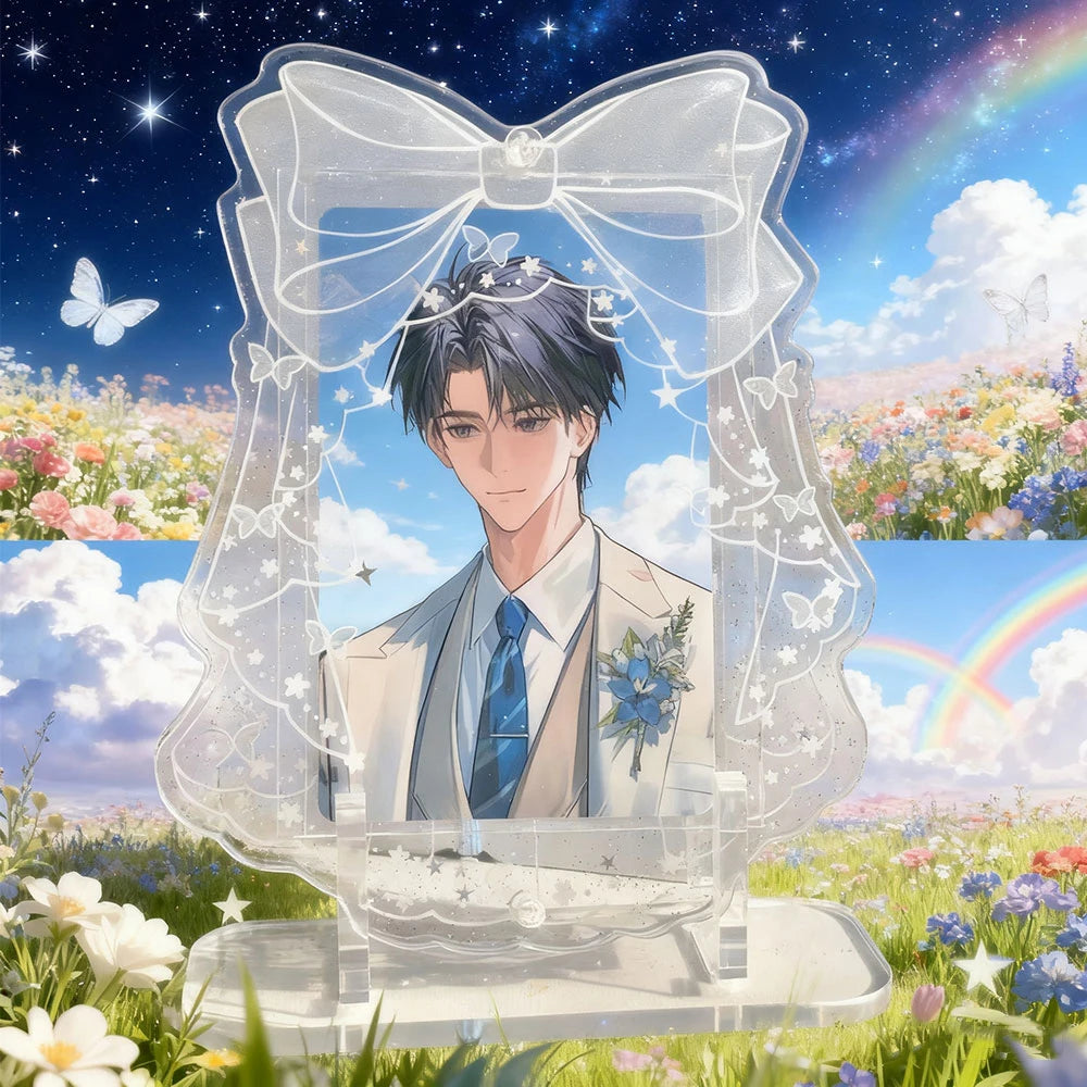 porte photo décoratif acrylique transparent motif papillons paillettes couleurs vives manga socle transparent