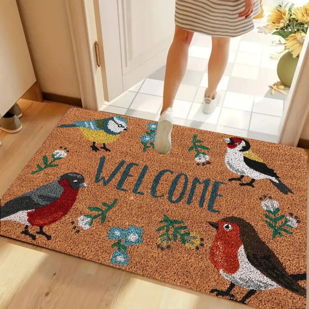 tapis d'entrée moderne oiseaux colorés résistant décoloration antibactérien 30x50cm 40x60cm 50x80cm bienvenue imprimé