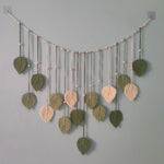 guirlande feuilles tissées boho vert blanc marron rose clips artisanal salon chambre