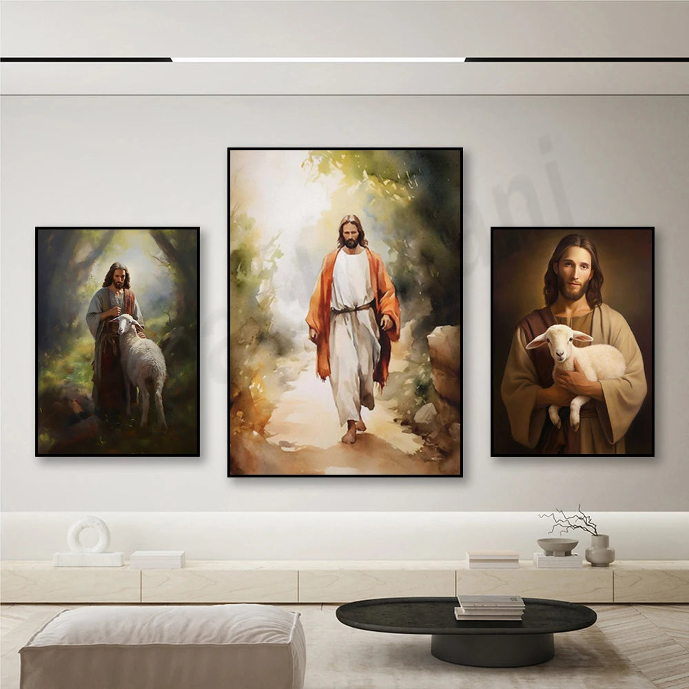 Une scène représentant le Christ dans différentes poses, entourée d'éléments naturels qui l'encadrent et suggèrent sa dimension spirituelle.