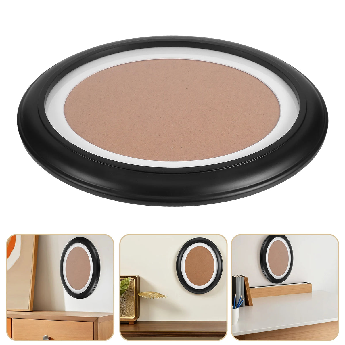 Cadre photo ovale bois moderne noir beige blanc plaque protection