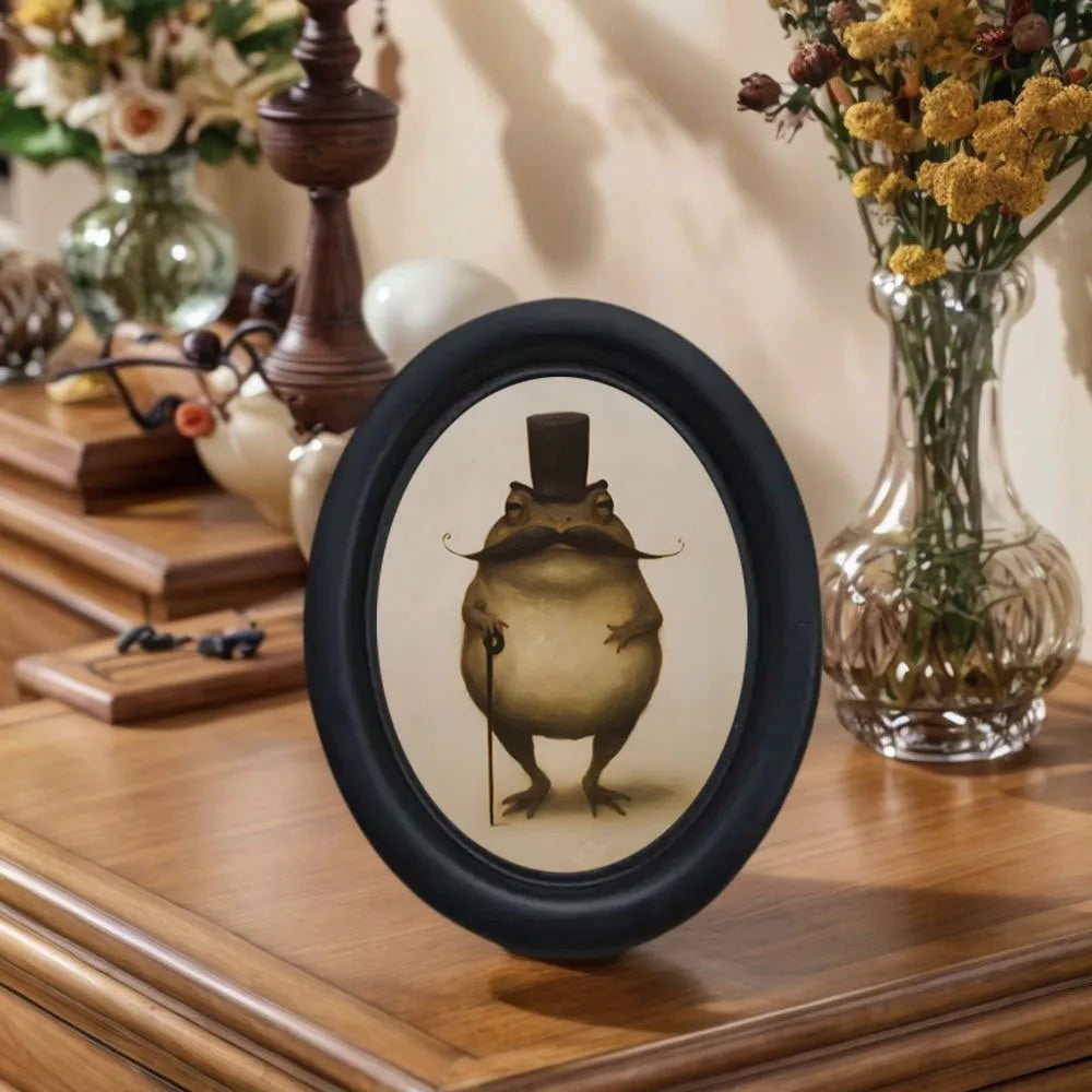 cadre photo ovale noir crapaud moustachu chapeau canne décoration murale classiqueintérieur entrée cadeau