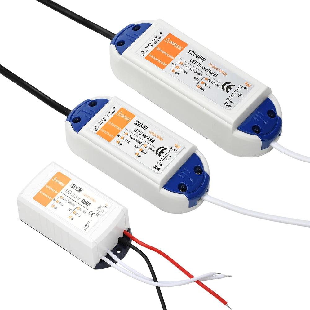 transformateur led 12v alimentation 18w 28w 48w blanc bleu adhésif câbles noirs blancs moderne