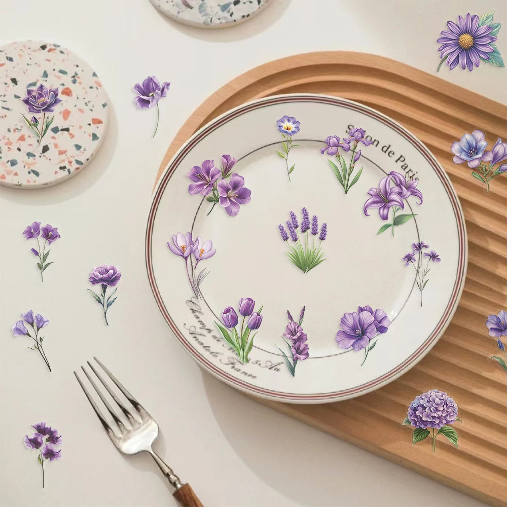 sticker adhésif fleurs violettes vertes décoration creative étanche diy 50 pièces illustration romantique