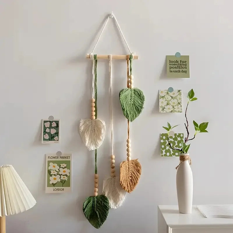 décoration murale boho feuilles vert polyester macramé crochet bois naturel