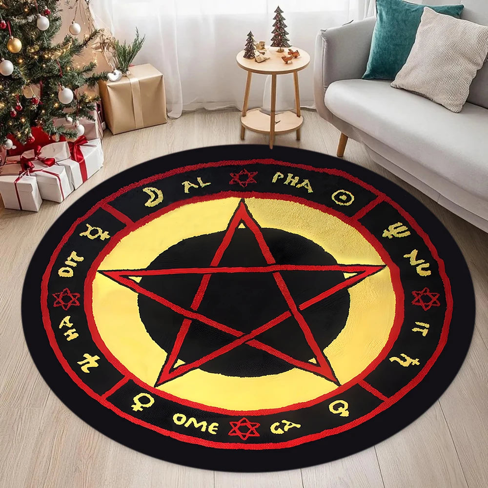 tapis rond moderne pentagramme symboles astrologiques noir jaune rose blanc salon chambre salle bain