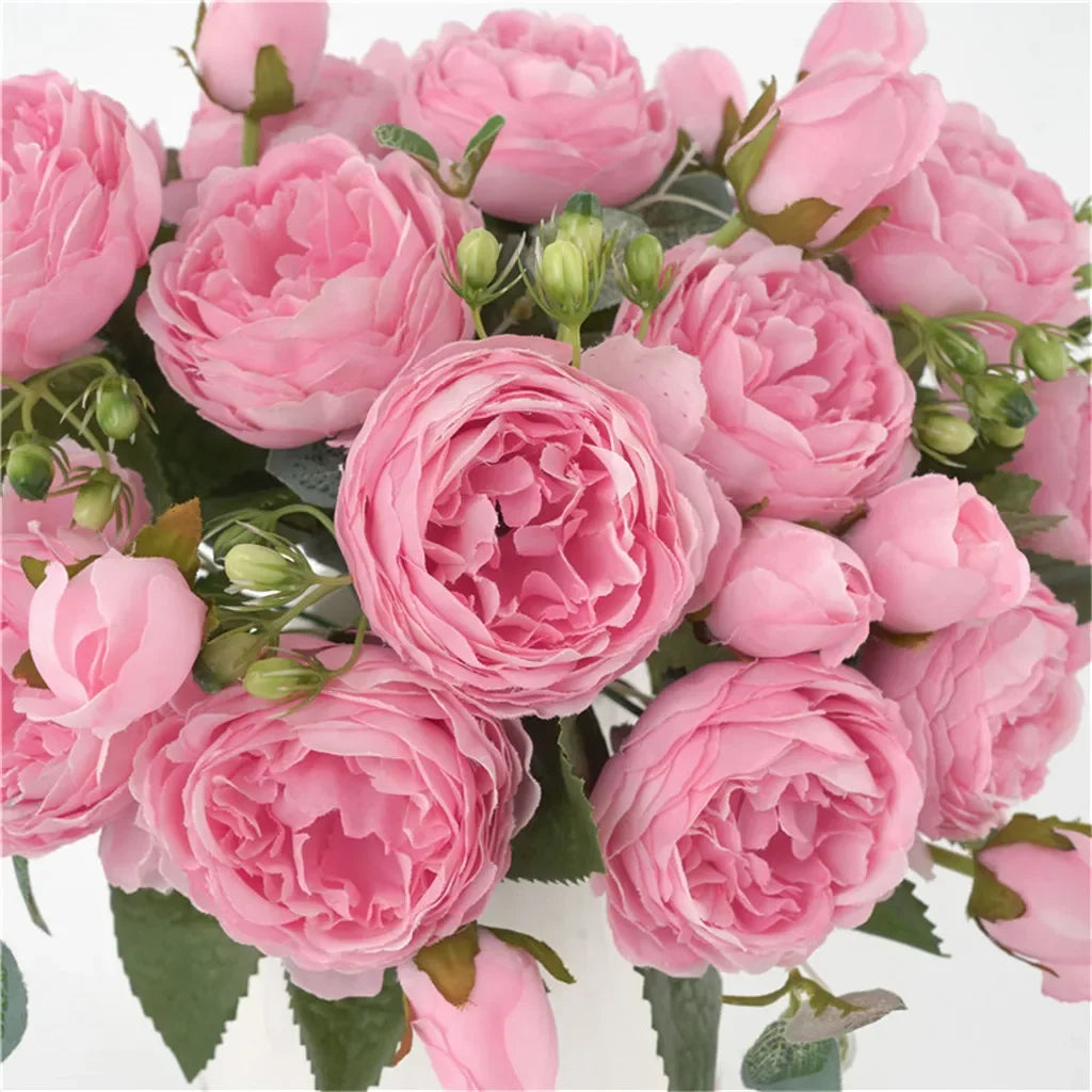 bouquet fleurs artificielles pivoines roses feuilles vertes decoration mariage anniversaire intérieur classique