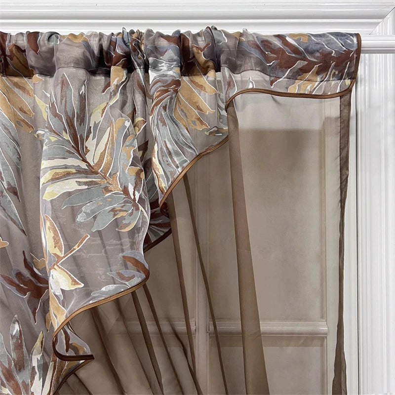 rideau fenêtre beige feuilles stylisées tissu léger élégant transparent tringle rideaux