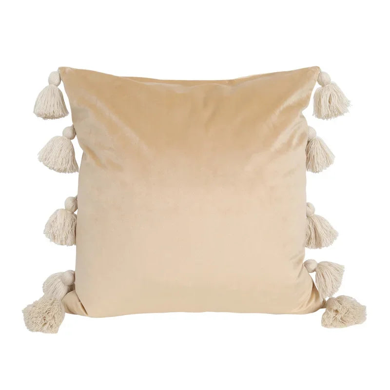 housse coussin velours moderne bohème couleur unie pompon décoratif 45x45cm