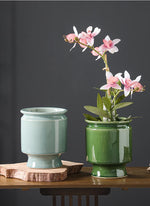 Des orchidées roses épanouies et élégantes dans un vase vert posé sur une table en bois, créant une composition naturelle et raffinée.