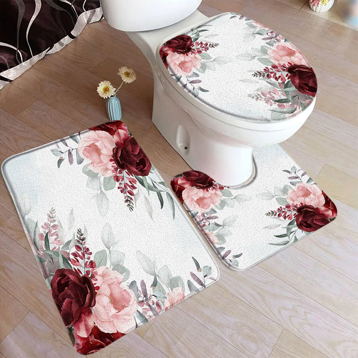 tapis toilette rose fleurs feuilles bain salle beige floral respectueux environnement trois pièces