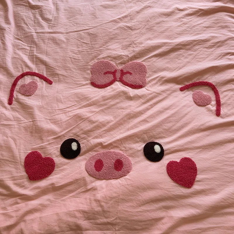 parure lit ensemble housse couette drap taies motif cochon mignon rose doux