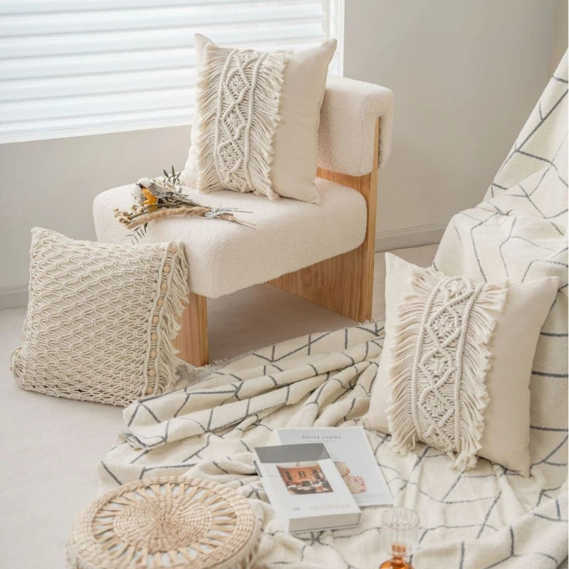 taies d'oreiller géométriques bohèmes crème franges macramé décoratives maison hospitalière