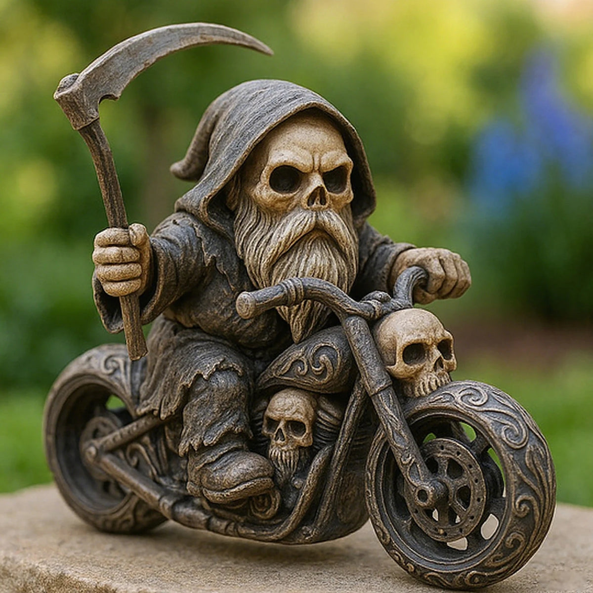 statue fantaisie gothique nain squelette moto crânes motifs sculptés base bois vintageextérieur jardin decoration