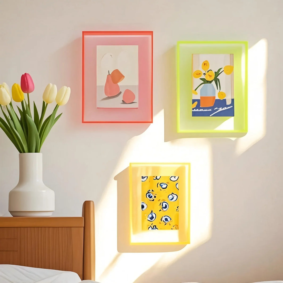 cadres photo transparents modernes abstraits géométriques couleurs vives rouge vert jaune bleu orange rose