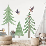 sticker mural arbre forêt oiseau maison voiture enfant illustration scandinave chambre decoration