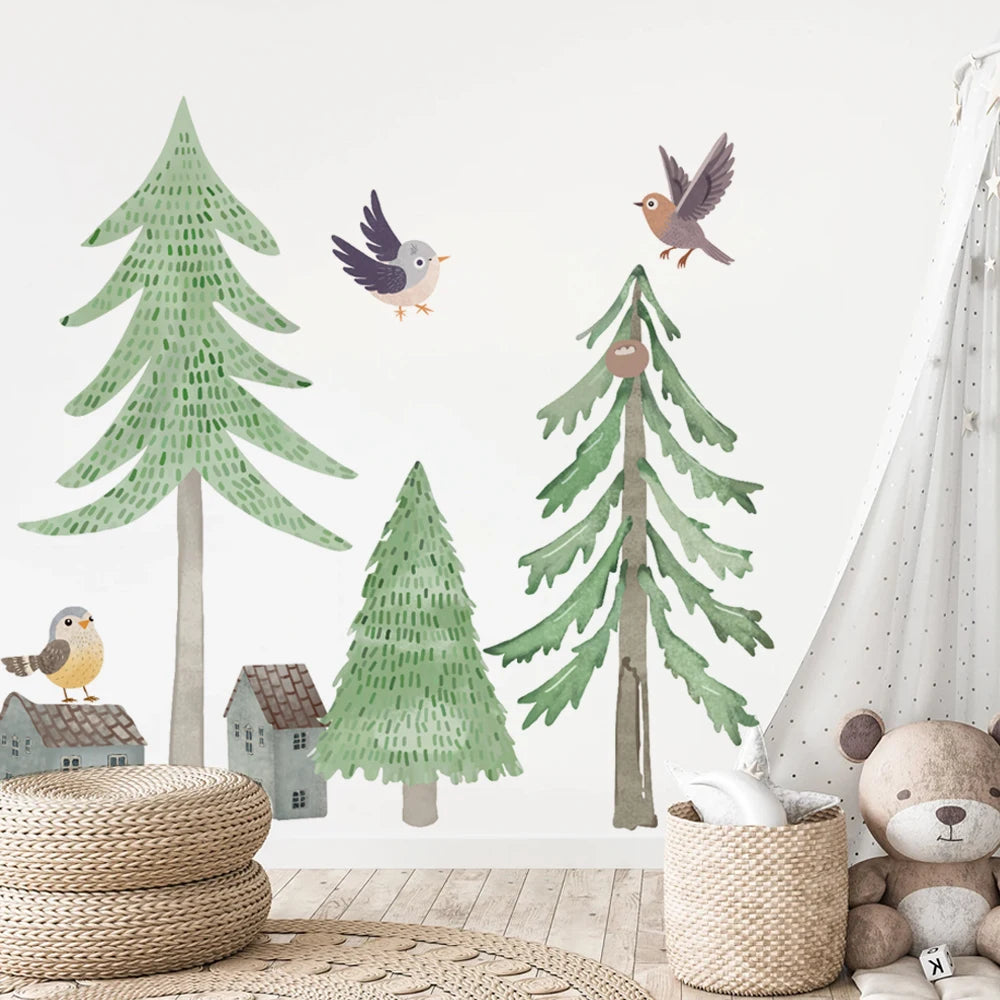 sticker mural arbre forêt oiseau maison voiture enfant illustration scandinave chambre decoration