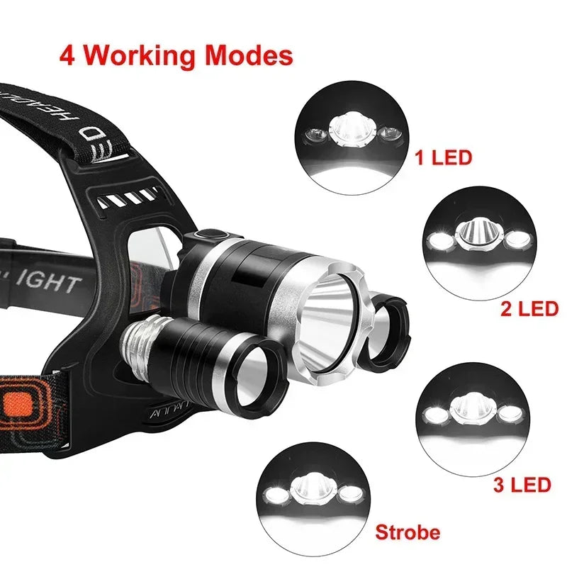 lampe frontale led noire rechargeable pêche chasse camping étanche ipx5 réglable multiples leds