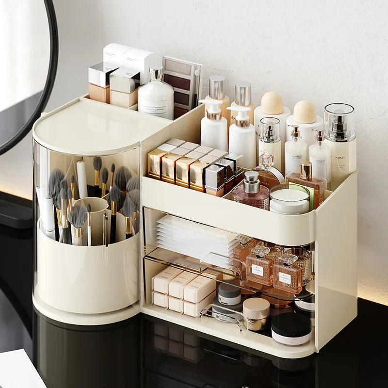 organisateur maquillage blanc crème moderne tiroirs transparents pinceaux palettes fards parfum lotions crèmes bougies