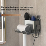support mural moderne sèche cheveux brosse rasoir adhésif gris blanc rangement salle bain