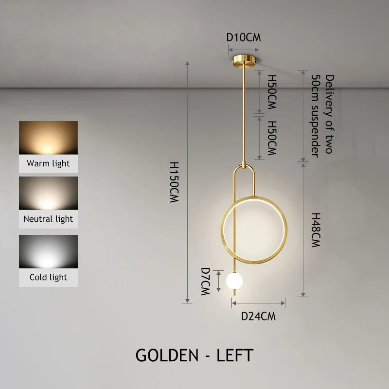 lampe suspendue anneau or noir moderne minimaliste sphère lumineuse chaîne métalliqueflux lumineux haute qualité