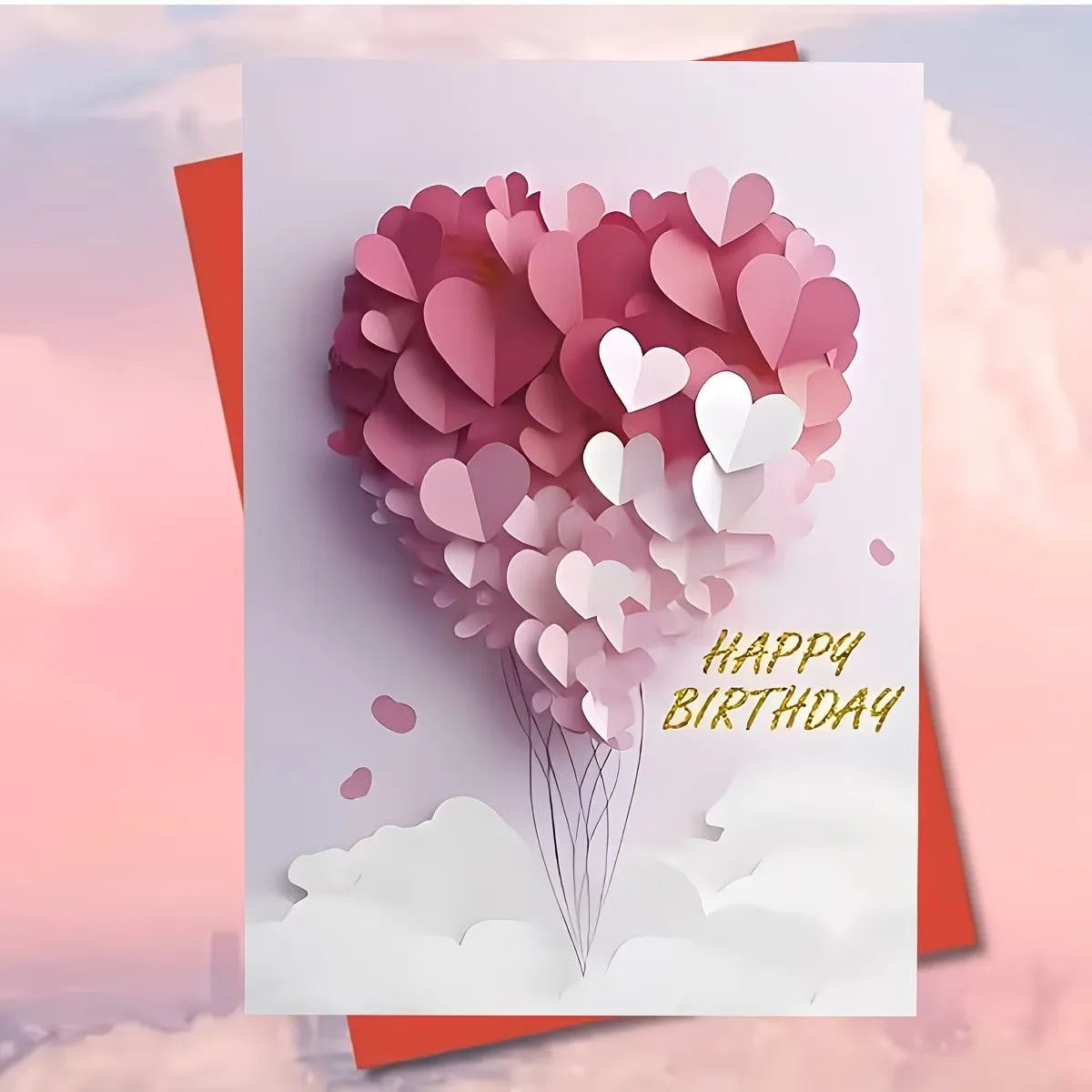 carte vœux anniversaire cœur relief rose blanc enveloppe moderne élégante festive